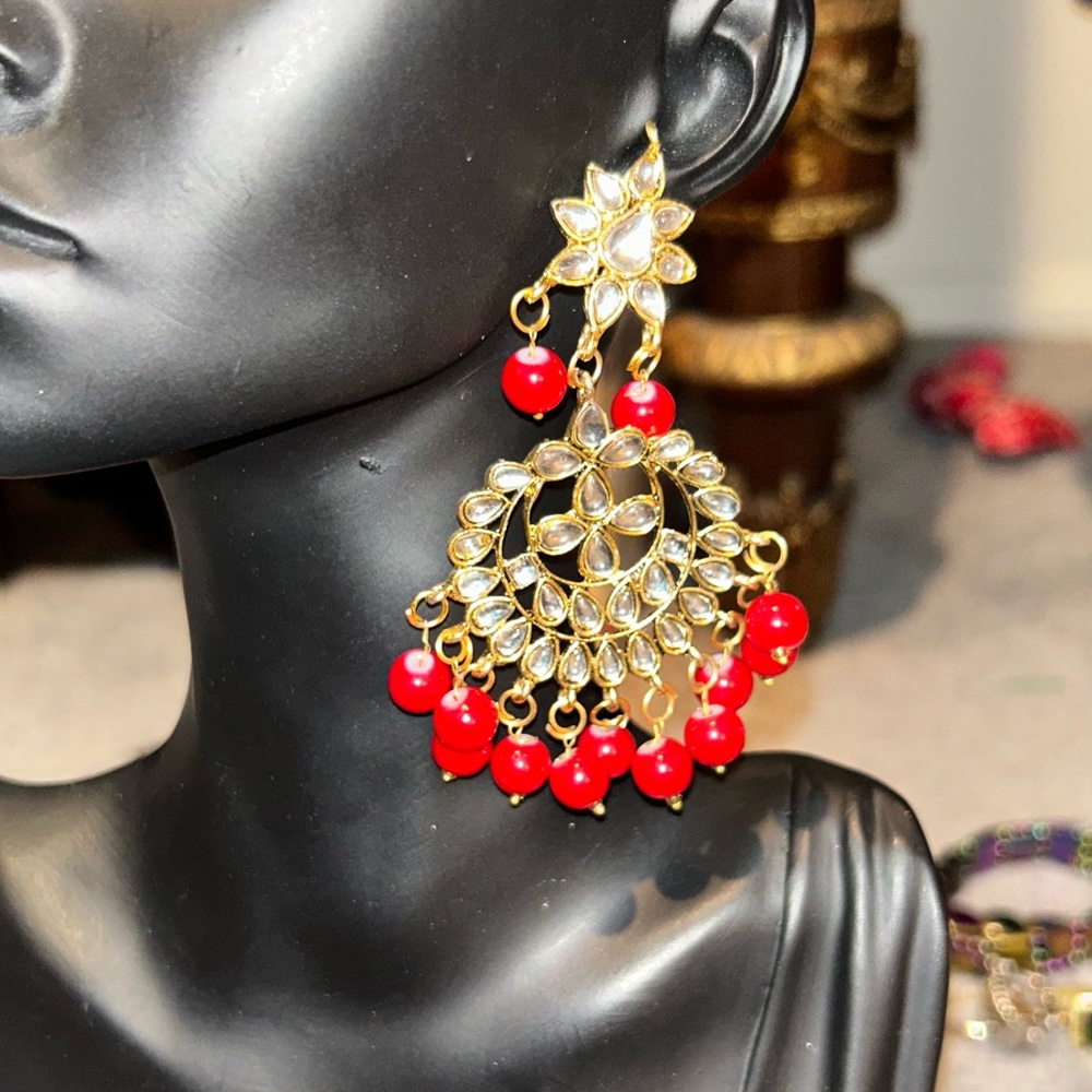 Gold and Red Dangle Earrings